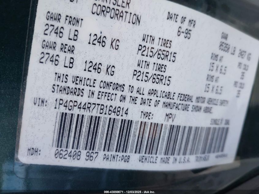 1996 Plymouth Grand Voyager Se VIN: 1P4GP44R7TB164814 Lot: 43850071