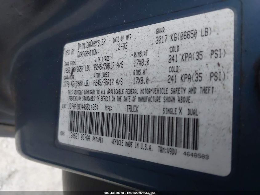 2004 Dodge Ram 1500 Slt/Laramie VIN: 1D7HA18D44S614854 Lot: 43850078