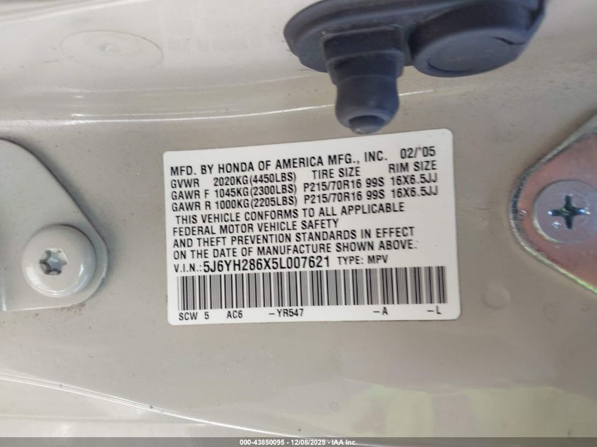 2005 Honda Element Ex VIN: 5J6YH286X5L007621 Lot: 43850095