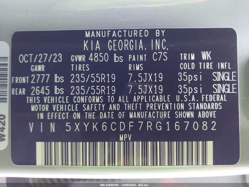 2024 Kia Sportage X-Line VIN: 5XYK6CDF7RG167082 Lot: 43850100