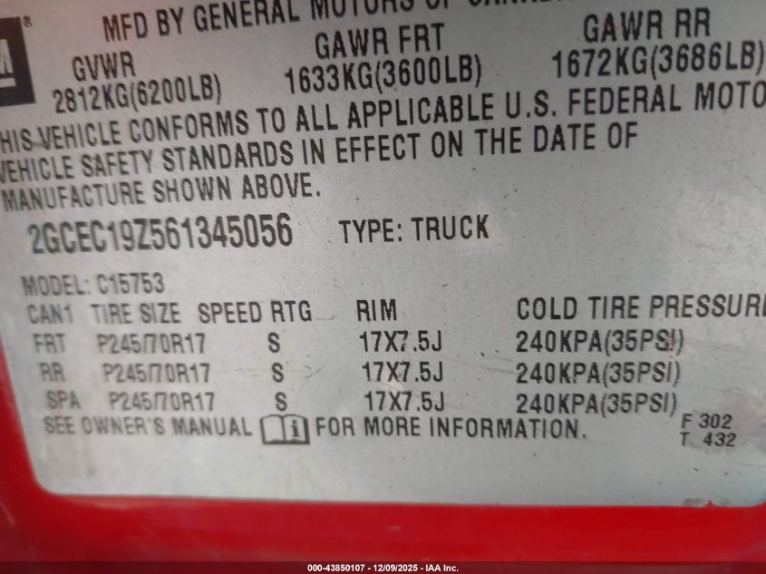 2006 Chevrolet Silverado 1500 Lt1 VIN: 2GCEC19Z561345056 Lot: 43850107