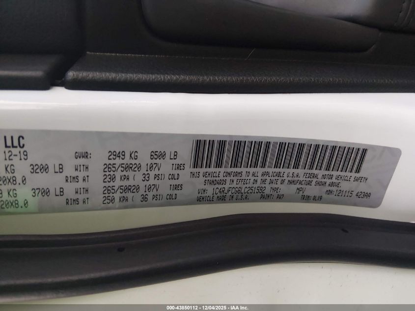 2020 Jeep Grand Cherokee High Altitude 4X4 VIN: 1C4RJFCG6LC251592 Lot: 43850112