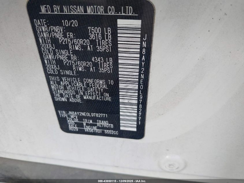 2020 Nissan Armada Platinum 4Wd VIN: JN8AY2NE0L9782771 Lot: 43850115