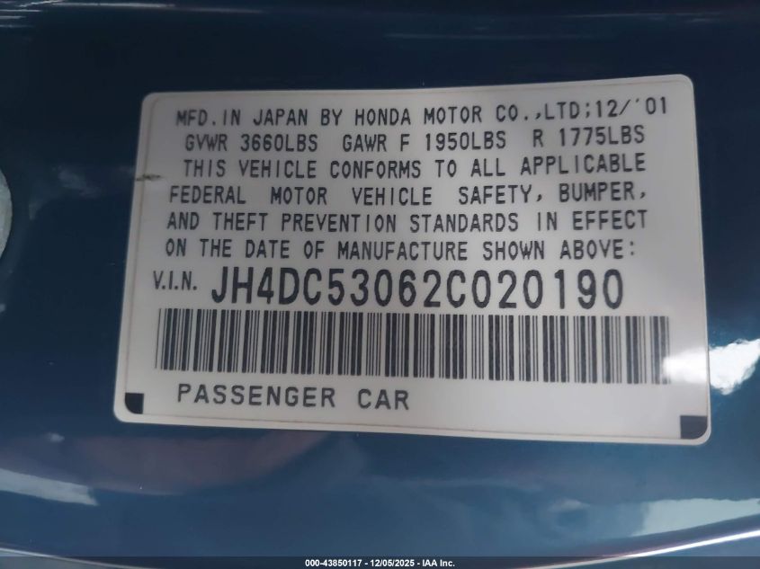 2002 Acura Rsx Type S VIN: JH4DC53062C020190 Lot: 43850117