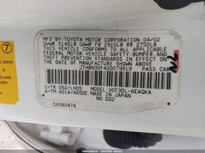 2002 Lexus Ls 430 VIN: JTHBN30F420079819 Lot: 43850138