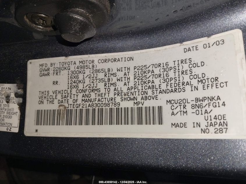 2003 Toyota Highlander V6 VIN: JTEGF21A830098789 Lot: 43850142