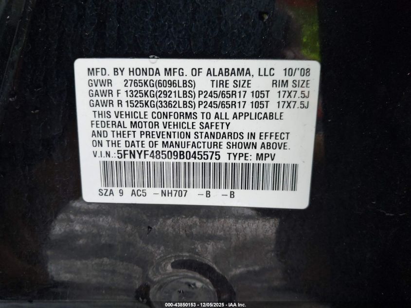 2009 Honda Pilot Ex-L VIN: 5FNYF48509B045575 Lot: 43850153
