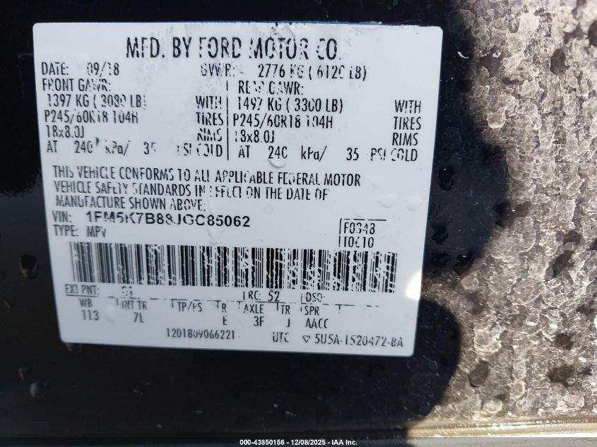 2018 Ford Explorer VIN: 1FM5K7B88JGC85062 Lot: 43850156