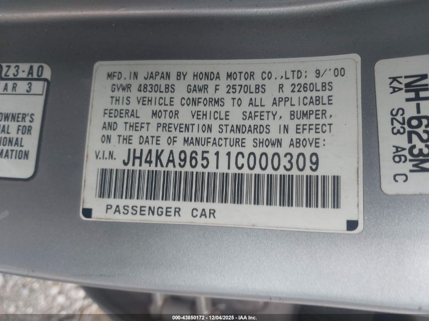 2001 Acura Rl 3.5 VIN: JH4KA96511C000309 Lot: 43850172