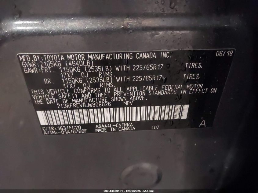 2018 Toyota Rav4 Xle VIN: 2T3RFREV8JW808026 Lot: 43850181