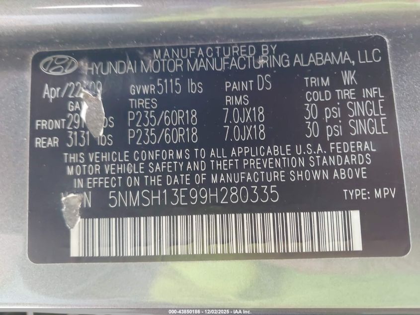 2009 Hyundai Santa Fe Limited VIN: 5NMSH13E99H280335 Lot: 43850186
