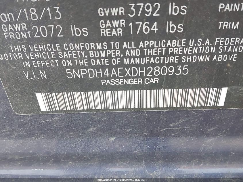 2013 Hyundai Elantra Gls VIN: 5NPDH4AEXDH280935 Lot: 43850189