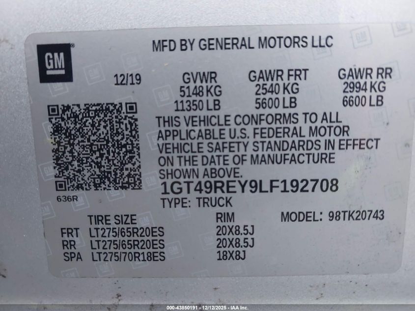 2020 GMC Sierra 2500Hd 4Wd Standard Bed Denali VIN: 1GT49REY9LF192708 Lot: 43850191