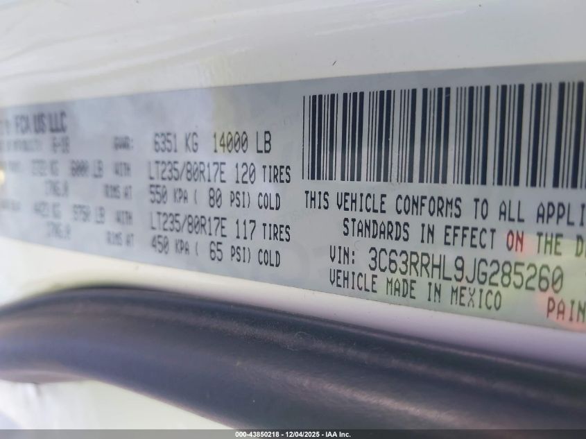 2018 Ram 3500 Slt 4X4 8' Box VIN: 3C63RRHL9JG285260 Lot: 43850218