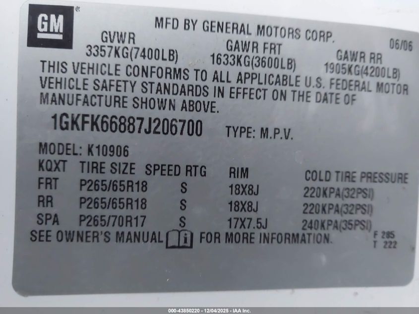 2007 GMC Yukon Xl 1500 Denali VIN: 1GKFK668871206700 Lot: 43850220
