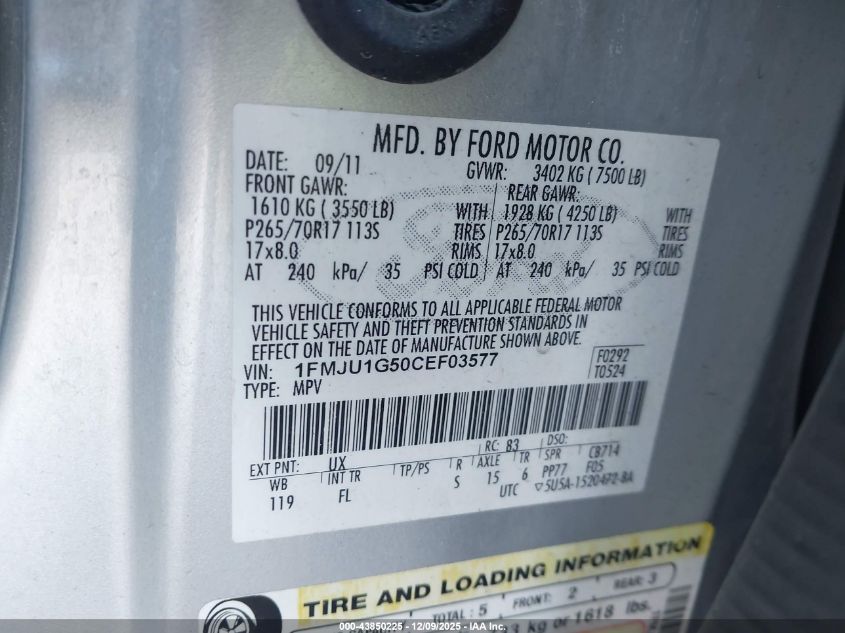 2012 Ford Expedition Xl VIN: 1FMJU1G50CEF03577 Lot: 43850225