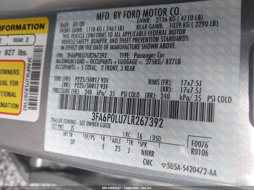 2020 Ford Fusion Hybrid Se VIN: 3FA6P0LU7LR267392 Lot: 43850227