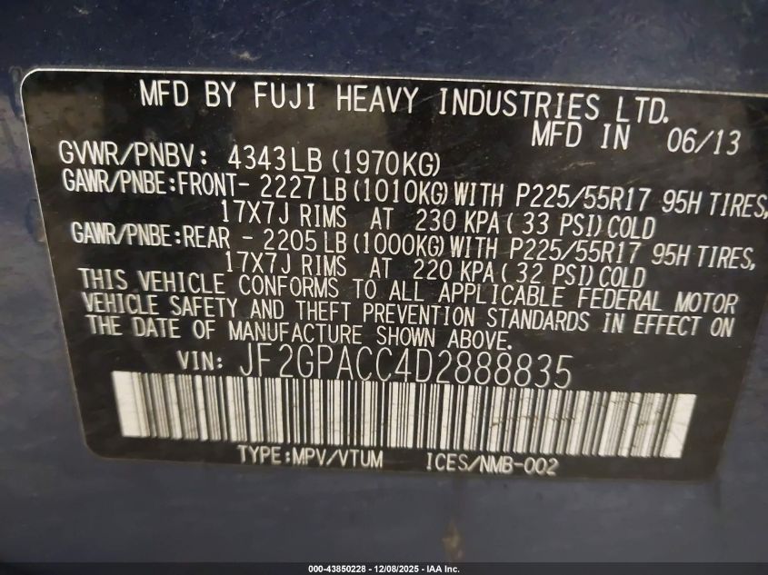 2013 Subaru Xv Crosstrek 2.0I Premium VIN: JF2GPACC4D2888835 Lot: 43850228