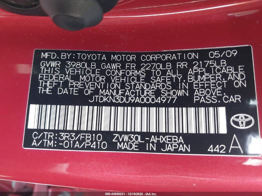 2010 Toyota Prius Ii VIN: JTDKN3DU9A0004977 Lot: 43850231