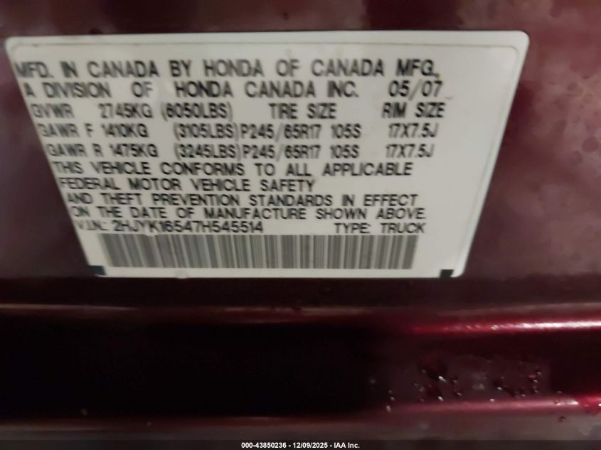 2007 Honda Ridgeline Rtl VIN: 2HJYK16547H545514 Lot: 43850236