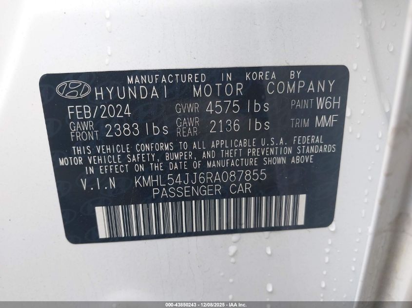 2024 Hyundai Sonata Hybrid Limited VIN: KMHL54JJ6RA087855 Lot: 43850243