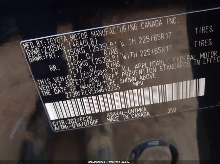 2017 Toyota Rav4 Xle VIN: 2T3RFREV5HW643255 Lot: 43850245