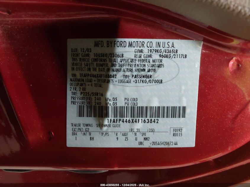 2004 Ford Mustang VIN: 1FAFP446X4F163842 Lot: 43850255