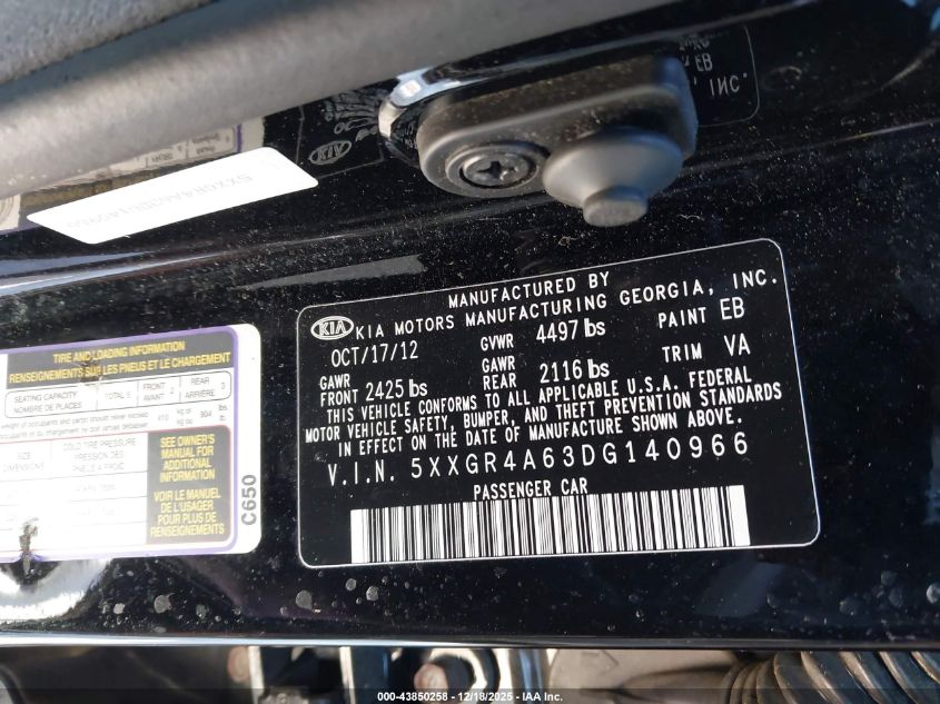 2013 Kia Optima Sx VIN: 5XXGR4A63DG140966 Lot: 43850258