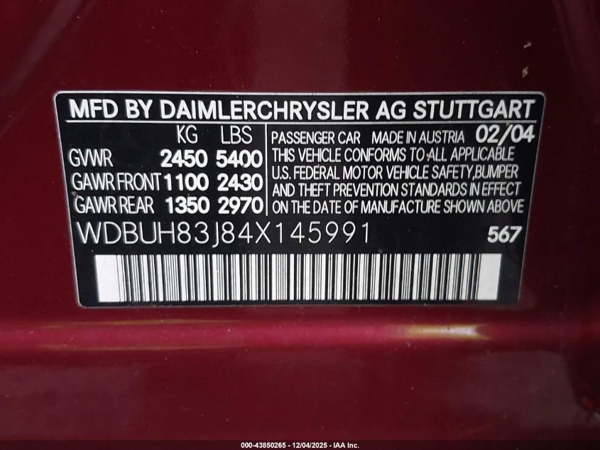 2004 Mercedes-Benz E 500 4Matic VIN: WDBUH83J84X145991 Lot: 43850265