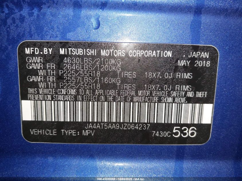 2018 Mitsubishi Eclipse Cross Se VIN: JA4AT5AA9JZ064237 Lot: 43850269