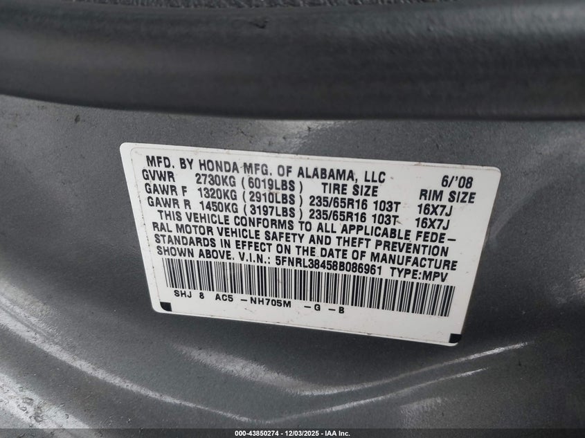 5FNRL38458B086961 2008 HONDA ODYSSEY photo no. 9
