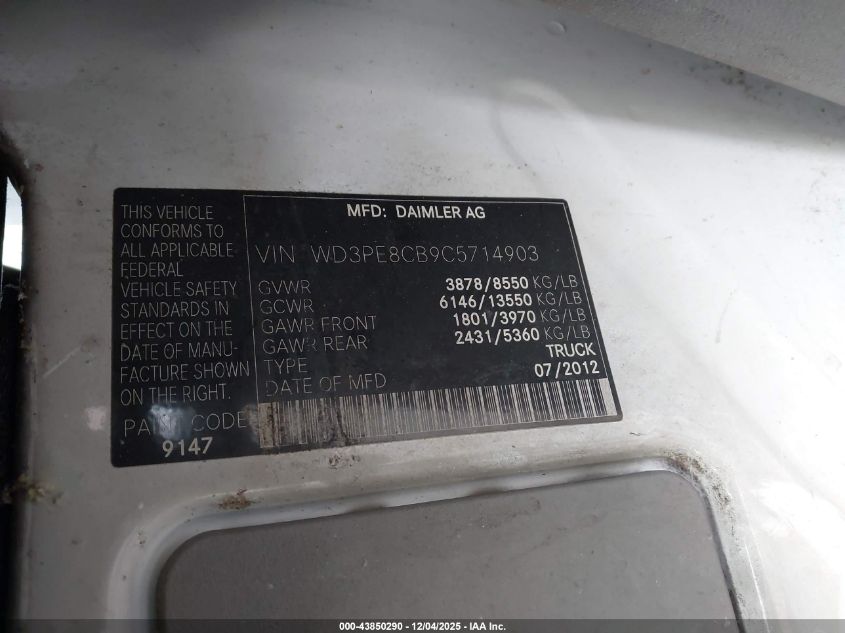 2012 Mercedes-Benz Sprinter 2500 High Roof VIN: WD3PE8CB9C5714903 Lot: 43850290