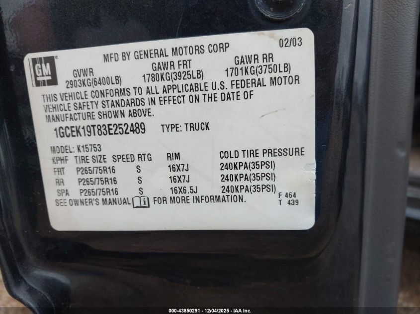 2003 Chevrolet Silverado 1500 Ls VIN: 1GCEK19T83E252489 Lot: 43850291