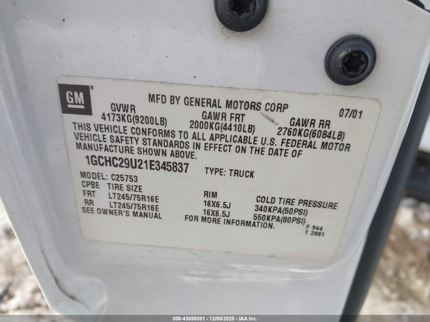 2001 Chevrolet Silverado 2500Hd Ls VIN: 1GCHC29U21E345837 Lot: 43850301