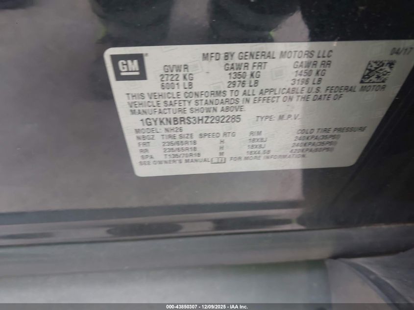 2017 Cadillac Xt5 Luxury VIN: 1GYKNBRS3HZ292285 Lot: 43850307