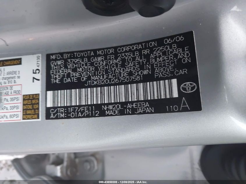 2006 Toyota Prius VIN: JTDKB20U267507581 Lot: 43850308