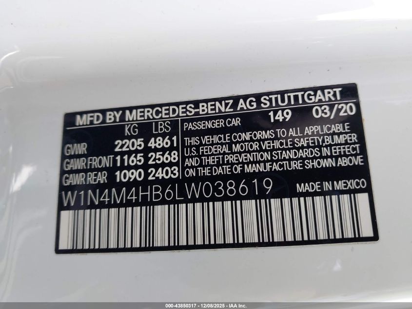 2020 Mercedes-Benz Glb 250 4Matic VIN: W1N4M4HB6LW038619 Lot: 43850317