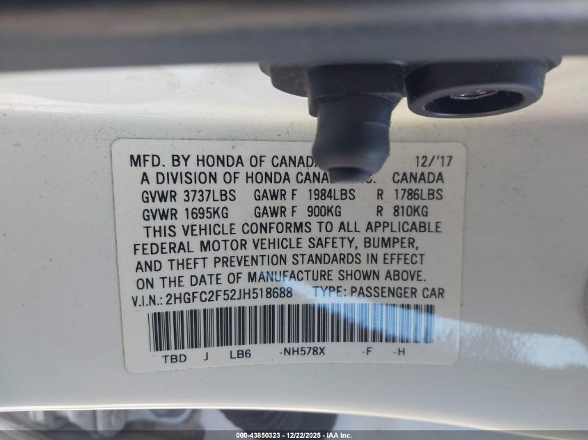 2018 Honda Civic Lx VIN: 2HGFC2F52JH518688 Lot: 43850323