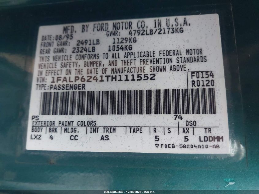 1996 Ford Thunderbird Lx VIN: 1FALP6241TH111552 Lot: 43850330