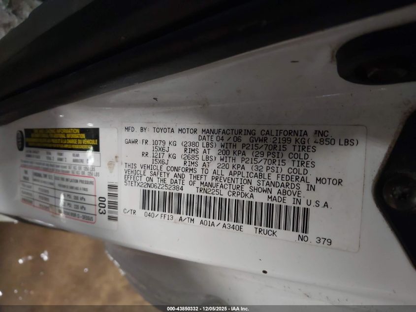 2006 Toyota Tacoma VIN: 5TETX22N06Z252384 Lot: 43850332