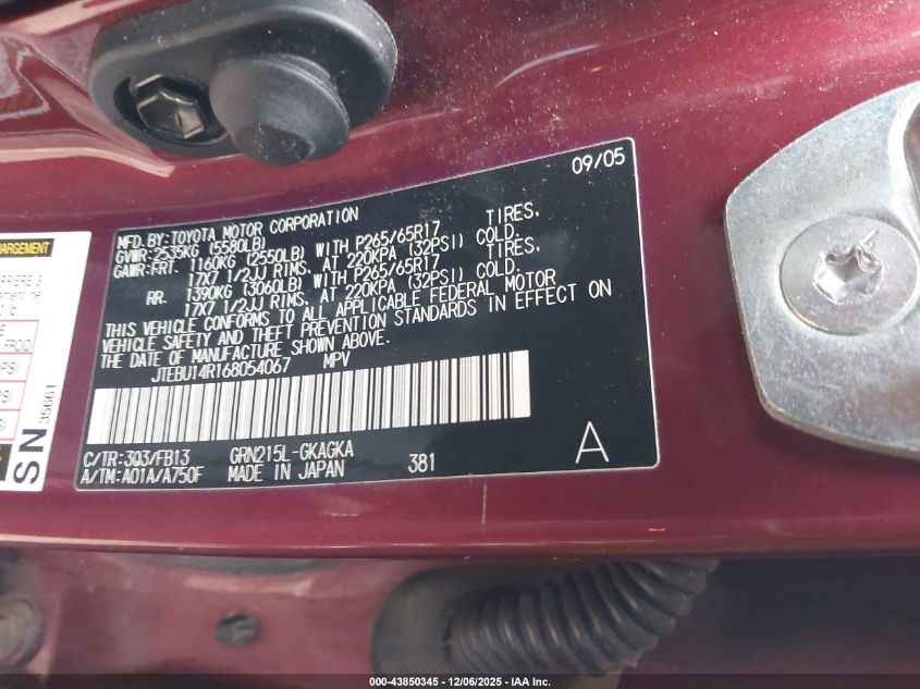 2006 Toyota 4Runner Sr5 Sport V6 VIN: JTEBU14R168054067 Lot: 43850345