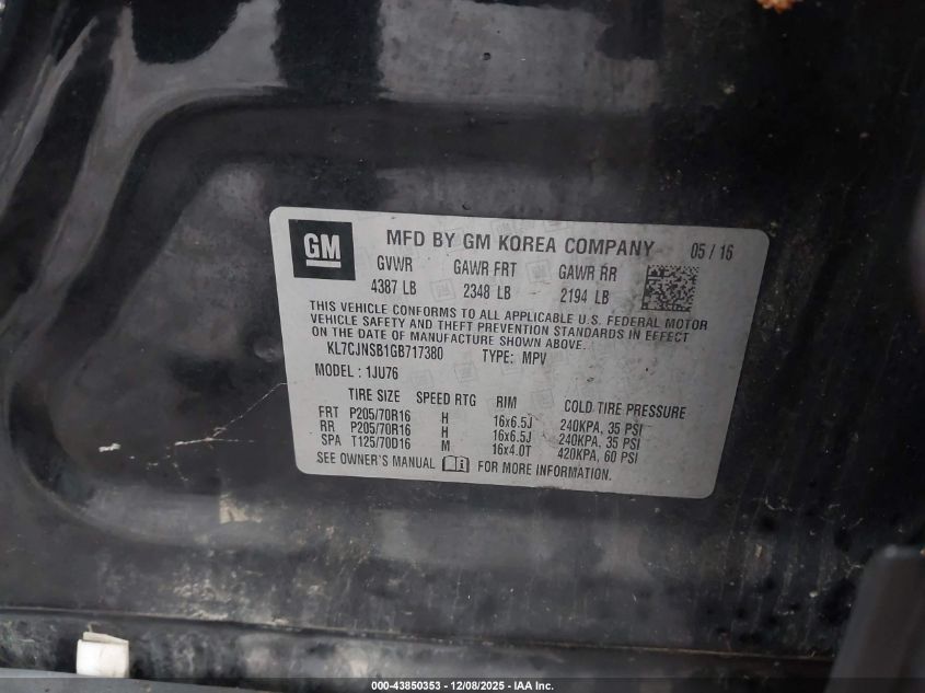 2016 Chevrolet Trax 1Ls VIN: KL7CJNSB1GB717380 Lot: 43850353