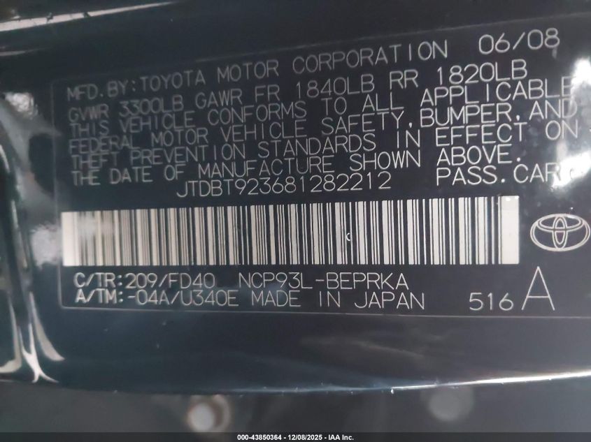 2008 Toyota Yaris VIN: JTDBT923681282212 Lot: 43850364