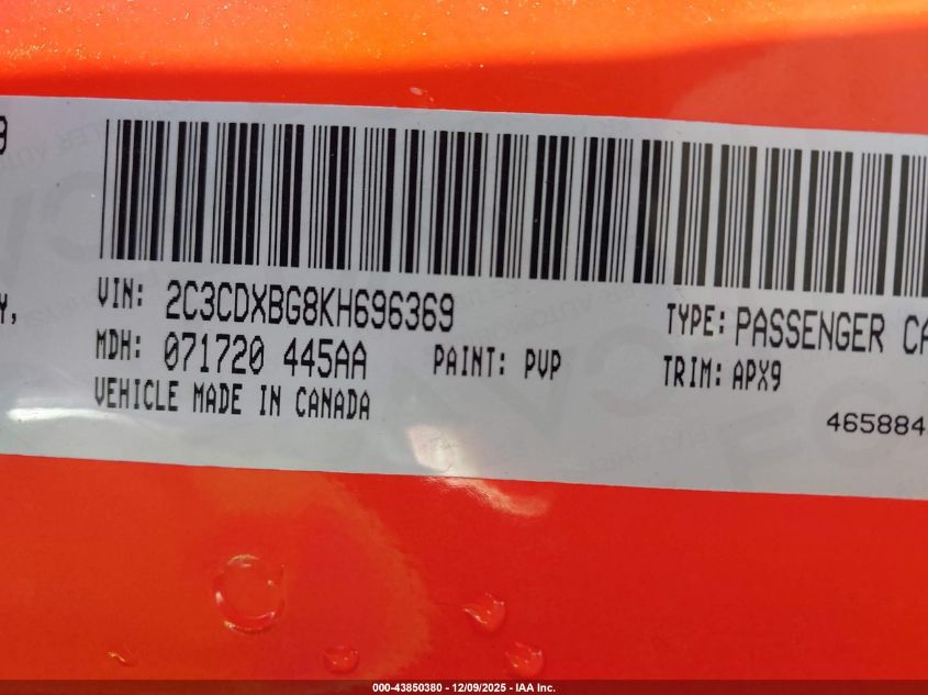 2019 Dodge Charger Sxt Rwd VIN: 2C3CDXBG8KH696369 Lot: 43850380