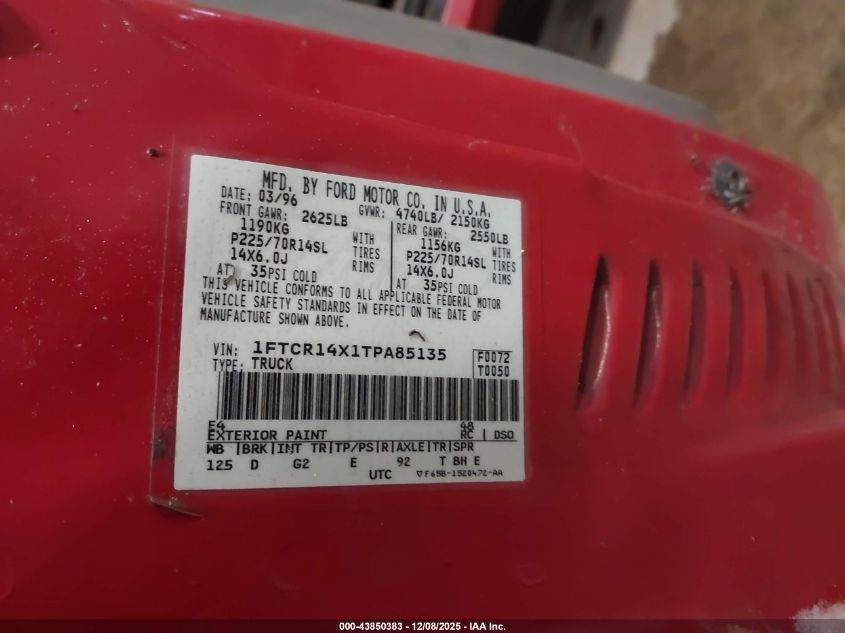 1996 Ford Ranger Super Cab VIN: 1FTCR14X1TPA85135 Lot: 43850383