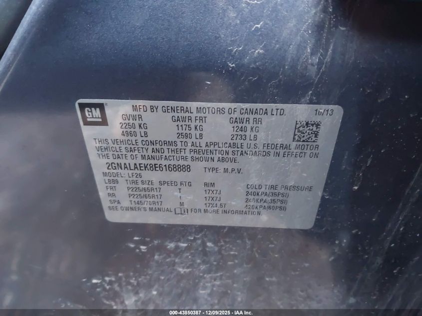 2014 Chevrolet Equinox Ls VIN: 2GNALAEK8E6168888 Lot: 43850387