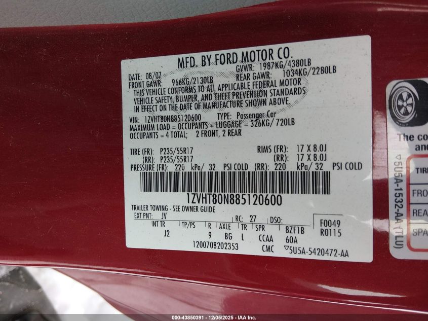 2008 Ford Mustang V6 Deluxe/V6 Premium VIN: 1ZVHT80N885120600 Lot: 43850391