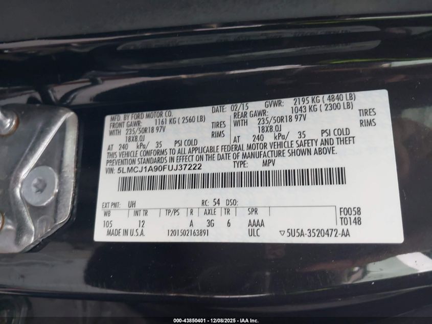 2015 Lincoln Mkc VIN: 5LMCJ1A90FUJ37222 Lot: 43850401