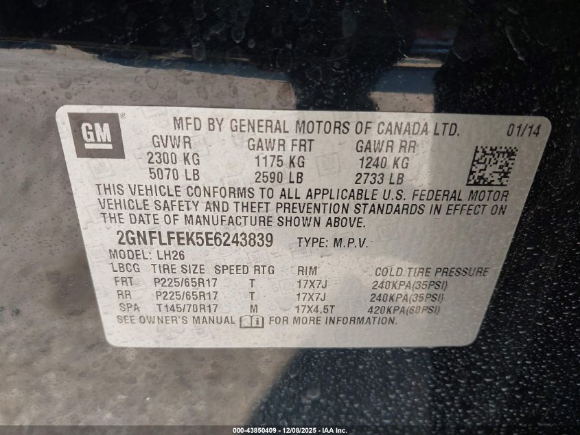 2014 Chevrolet Equinox 1Lt VIN: 2GNFLFEK5E6243839 Lot: 43850409