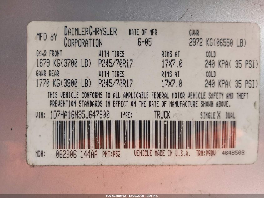2005 Dodge Ram 1500 St VIN: 1D7HA16N35J647900 Lot: 43850412